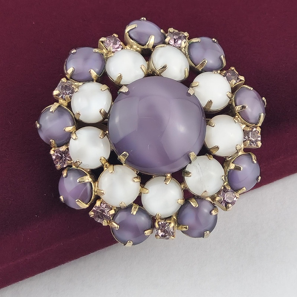Vintage Purple White Moonglow Brooch Domed Cabochon Rhinestone Gold Tone Pin